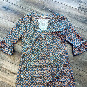 Aryeh Ruffle Bell Sleeve Split Neck Orange Blue Print Stretch Dress Medium EUC
